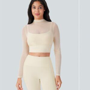 Halara Sheer Long Sleeve Crop Top and Leggings Set - Cream